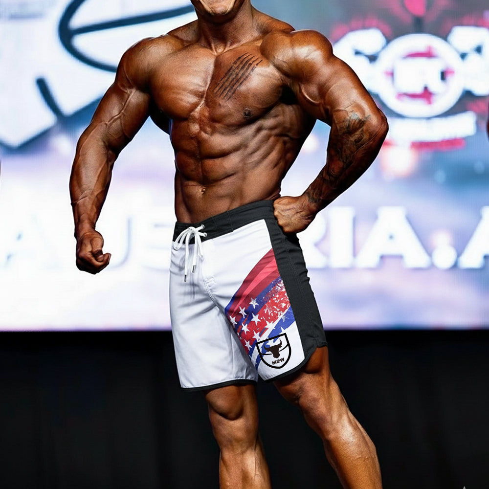 MetroMaleWear metroMuscleWear IFBB pro mens physique board short in white and black with star-patterned stripe and bull logo