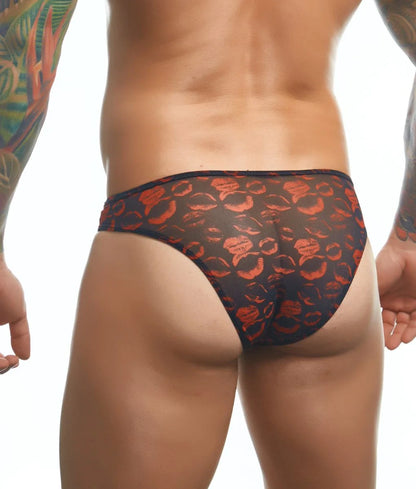 Black mesh mens bikini briefs with bold orange lipstick print from Justin Simon classic fun prints collection