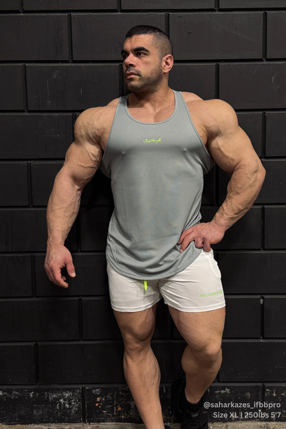 Jed North Men's Fast-Dry Bodybuilding Workout Stringer - Light Gray w/ Neon Logo