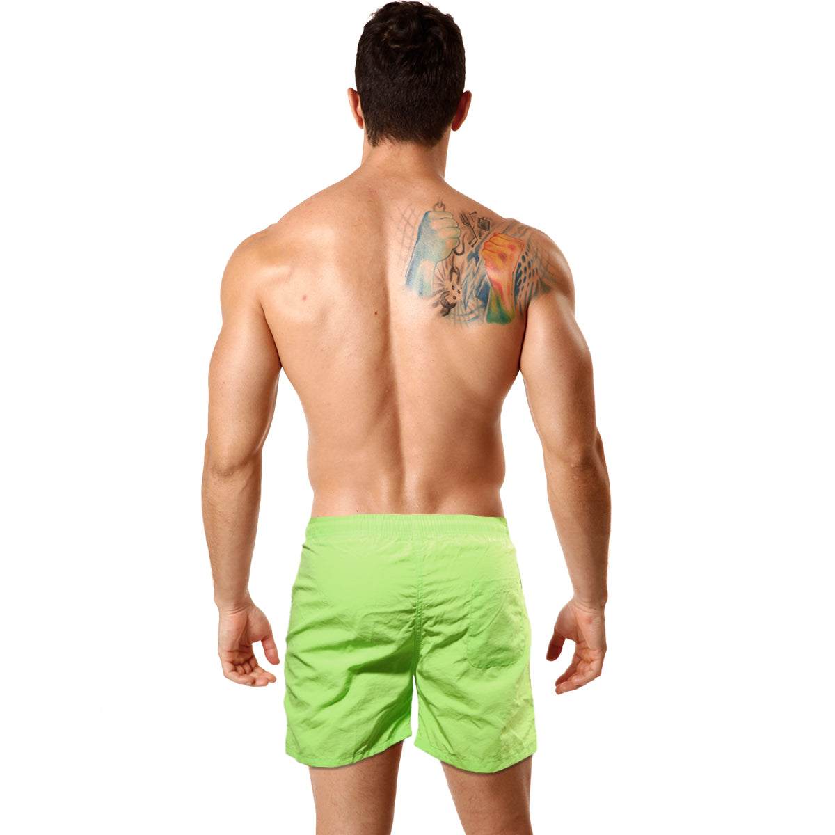 Bright lime green MetroMaleWear pool party swim trunks designed for comfort and style at the pool or beach
