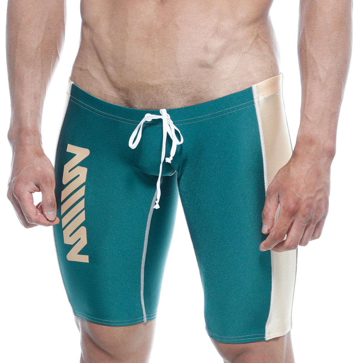 Metro male wear jammer swim boxer green 4904-07 teal and cream swim trunks with white drawstring and side branding
