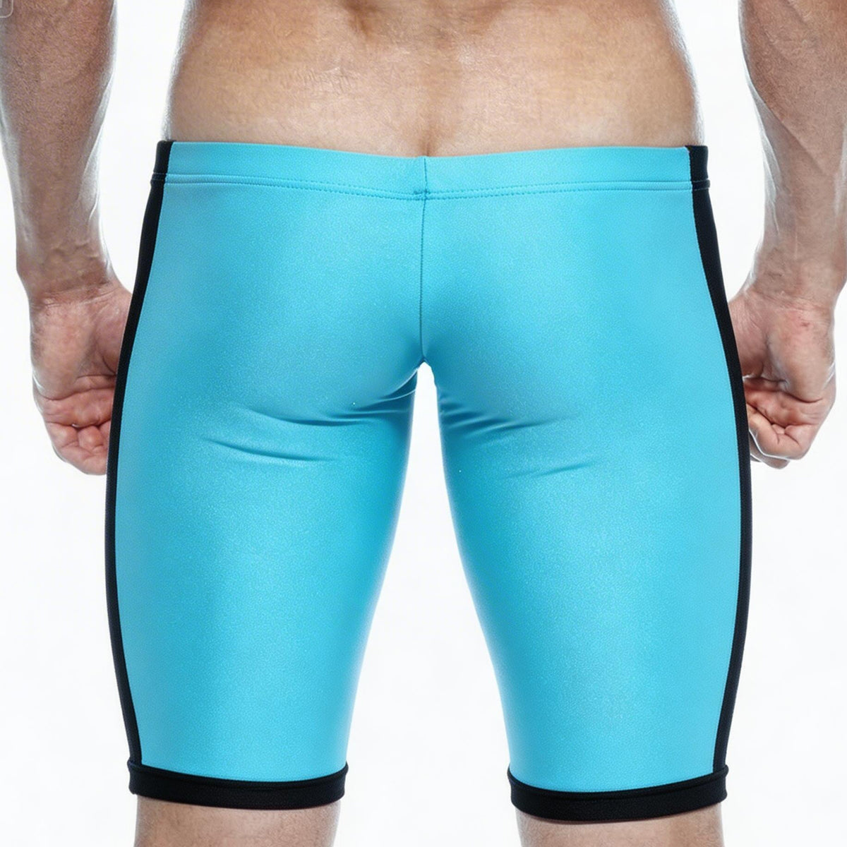 MetroMaleWear Campus Jammer turquoise and black sleek form-fitting swim trunks designed for swimming and training
