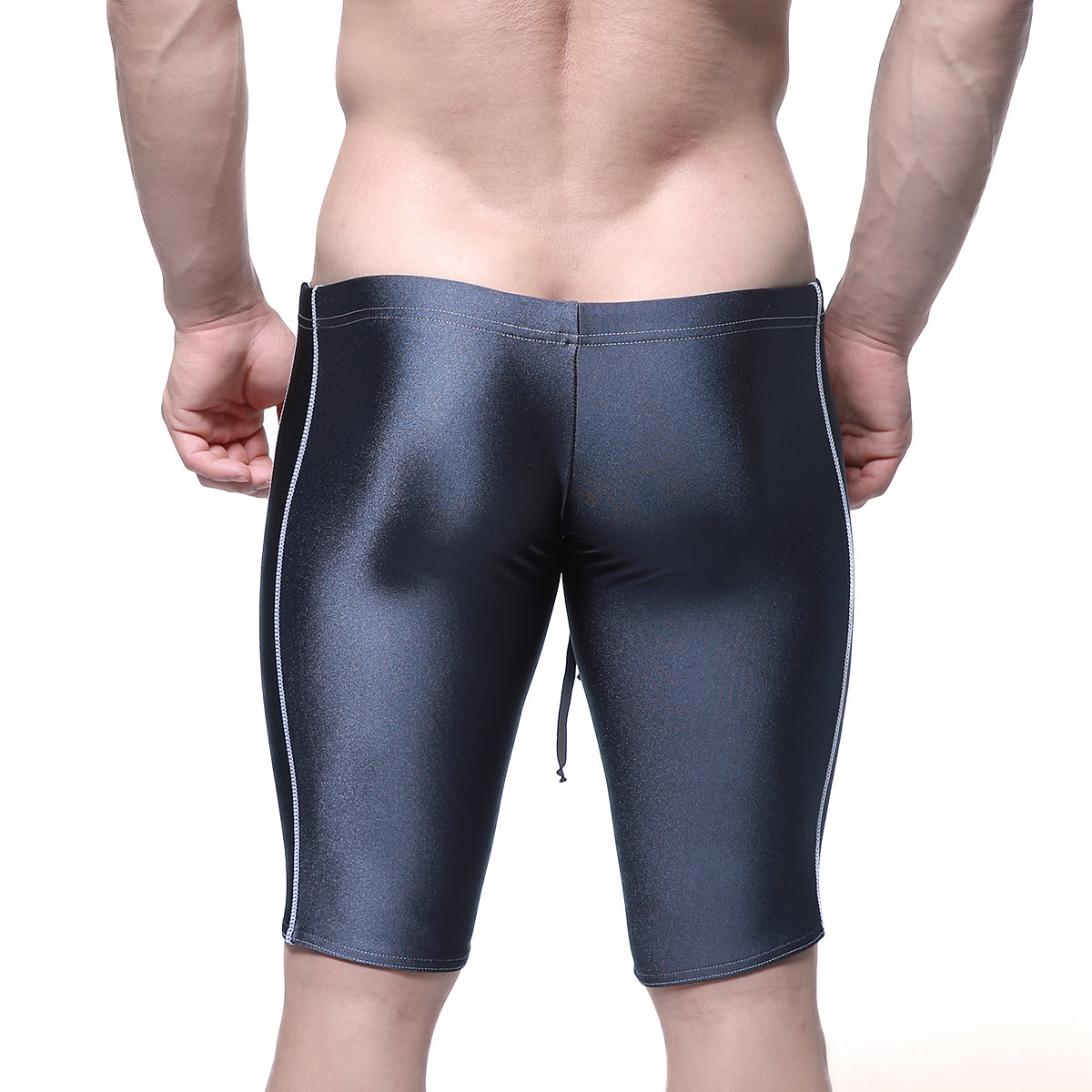 Black shiny MetroMaleWear Jammer swim boxer with white side stitching designed for swimming and active wear