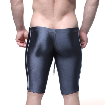 Black shiny MetroMaleWear Jammer swim boxer with white side stitching designed for swimming and active wear