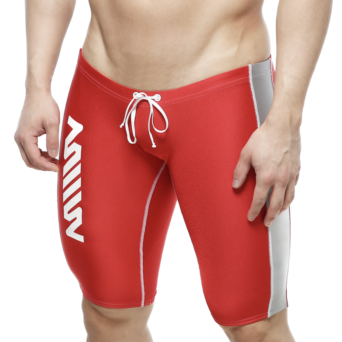 Red mens swim trunks metro male wear jammer swim boxer with white side stripes and gray outer thigh panel