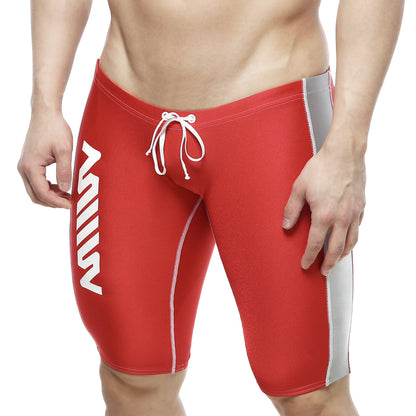 Red mens swim trunks metro male wear jammer swim boxer with white side stripes and gray outer thigh panel