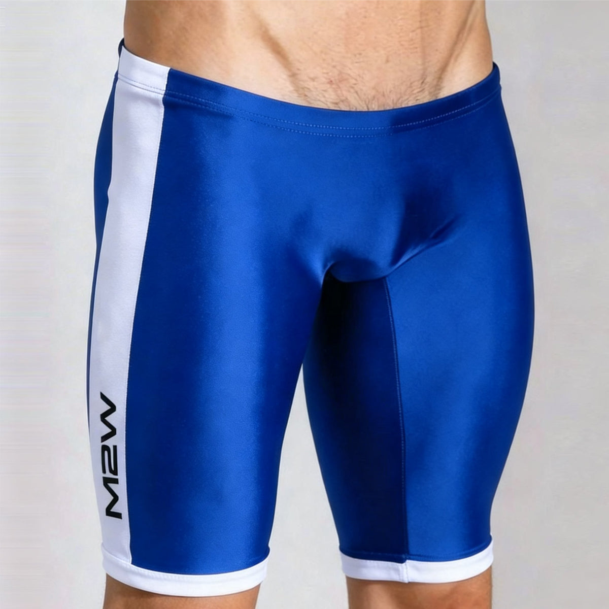 Blue and white metro malewear campus jammer athletic shorts with sleek form fitting design and m2w logo on the side