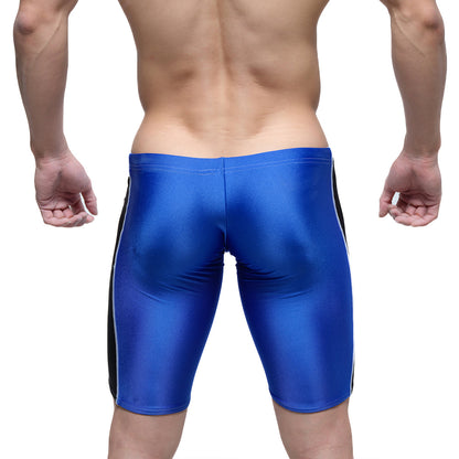 MetroMaleWear Jammer Swim Boxer royal blue shiny swim trunks with black side panels and white stitching