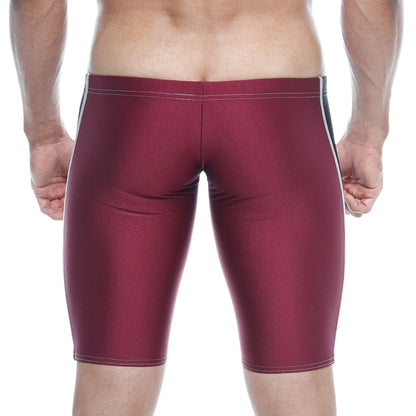 MetroMaleWear new jammer swim boxer burgundy with white and black side stripes designed for comfortable swimming