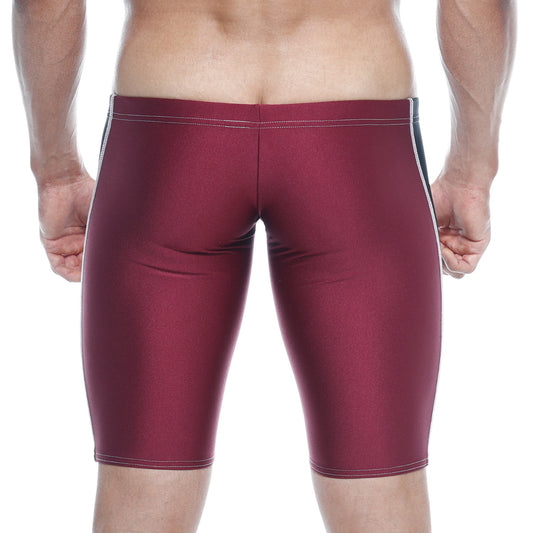 MetroMaleWear new jammer swim boxer burgundy with white and black side stripes designed for comfortable swimming