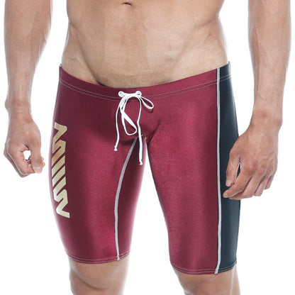 Maroon and black metroMaleWear jammer swim boxer with white drawstring and side stripes for swimming use