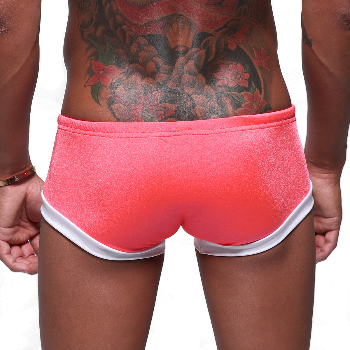Bright pink metroMaleWear silver swim boxer with white trim designed for swimming and beachwear