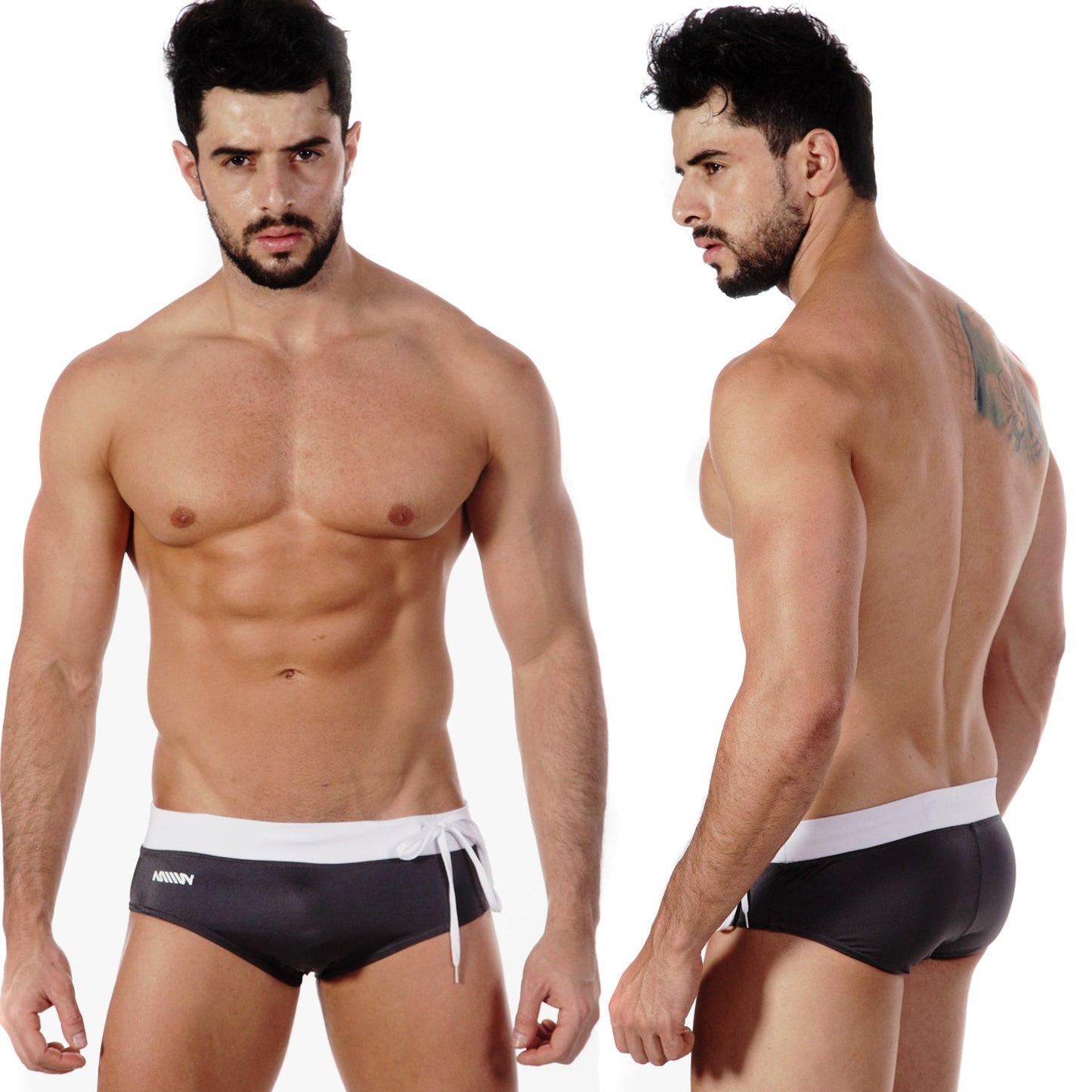 Black swim trunks with white waistband and drawstring featuring a subtle logo side print metroMalewear pearl swim brief