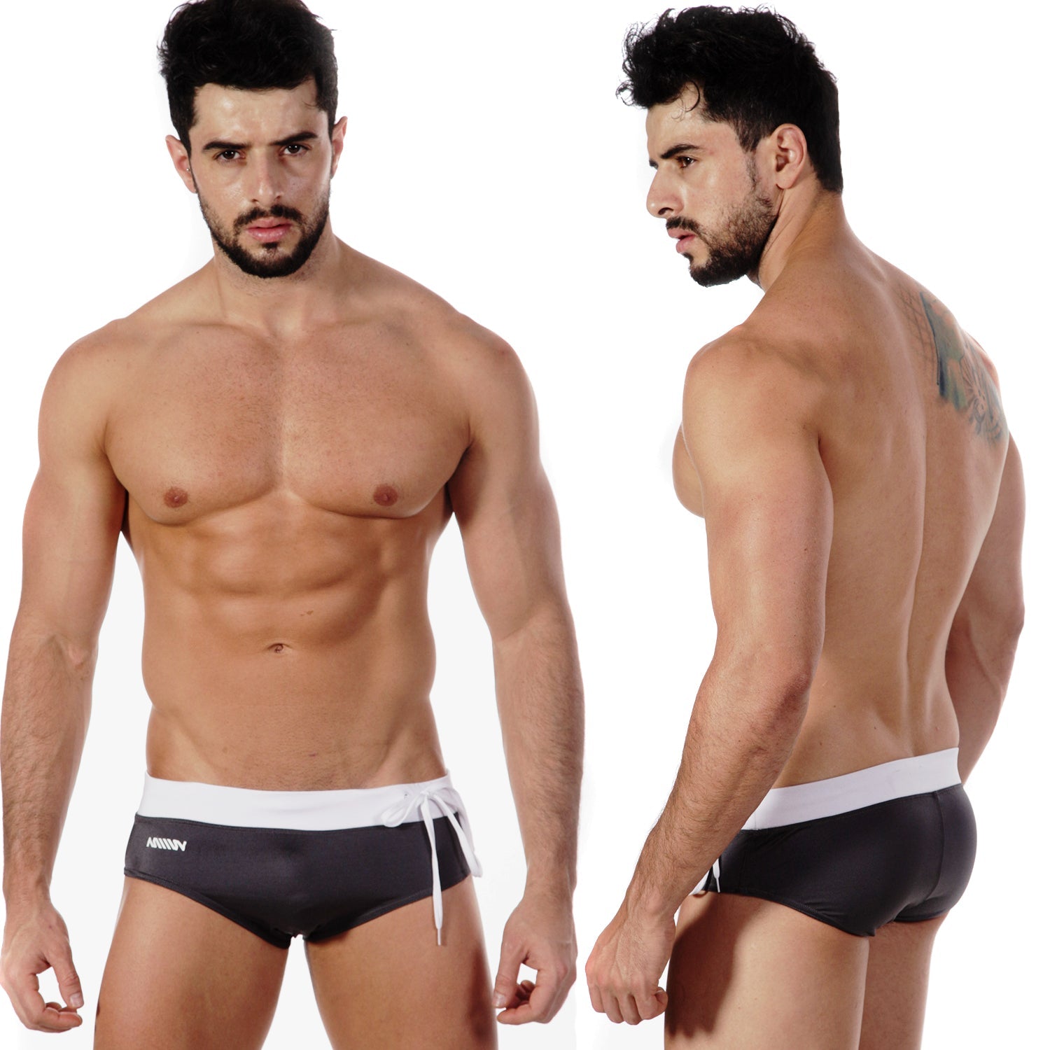 Black swim trunks with white waistband and drawstring featuring a subtle logo side print metroMalewear pearl swim brief