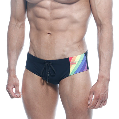 Black MetroMaleWear swim trunks with vibrant rainbow stripe on side designed for swimwear use
