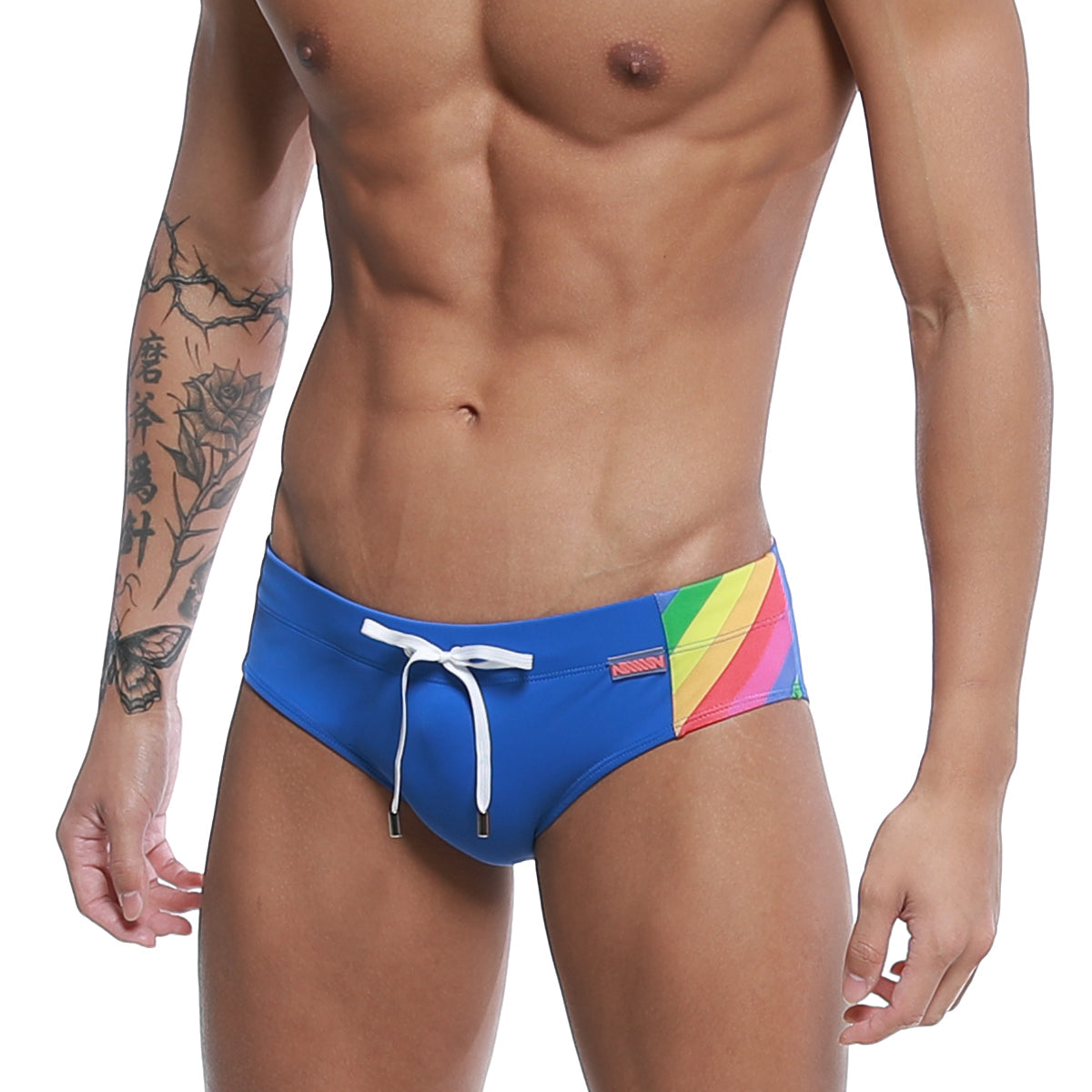 Blue metro malewear swim brief with rainbow diagonal stripes and white drawstring for casual beachwear