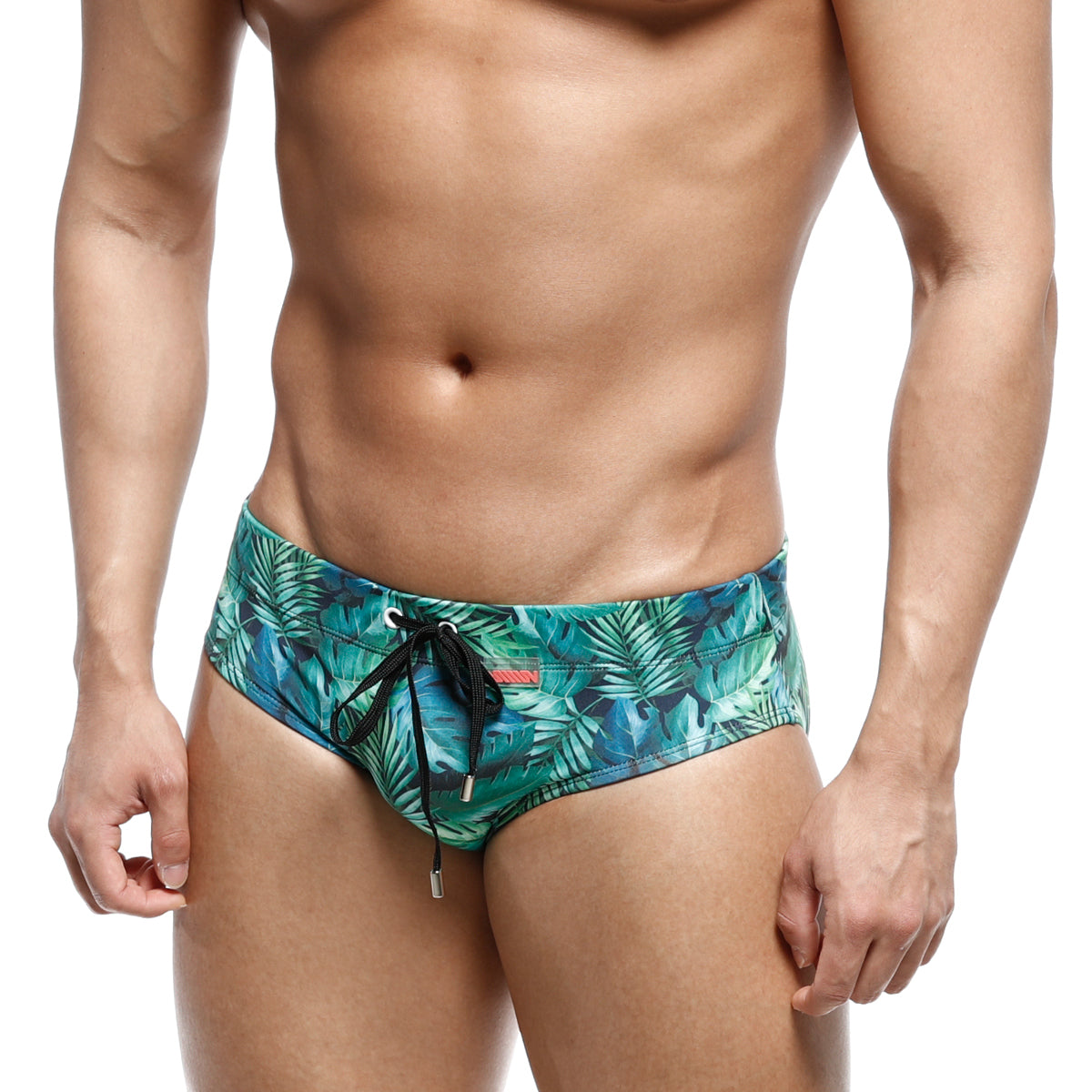 MetroMaleWear classic swim brief jungle 4914-08 men’s swim trunks with vibrant teal and green tropical leaf pattern and black drawstrings