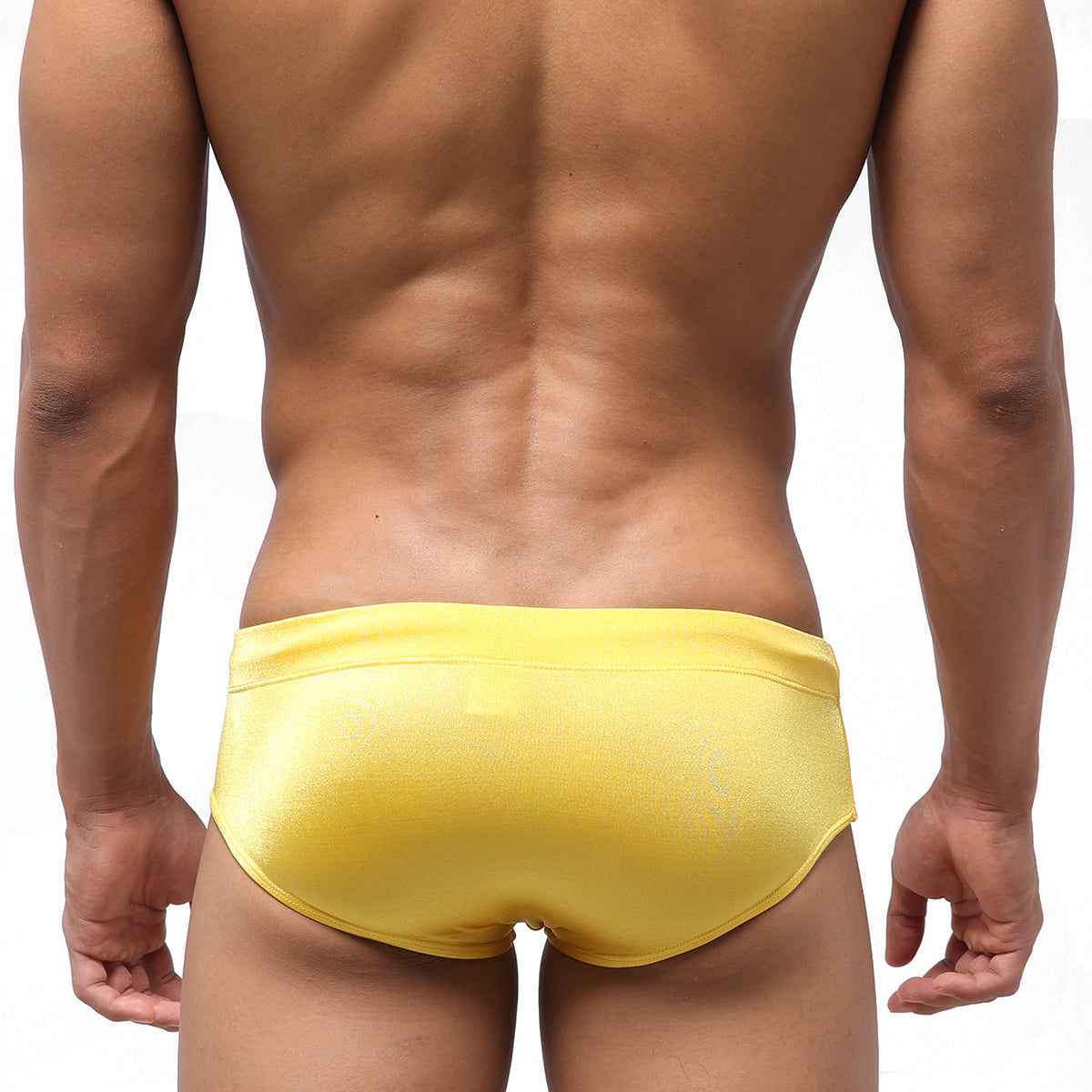 Bright yellow sleek satin swim trunks from metromalewear classic swim brief mango 4914-15 collection