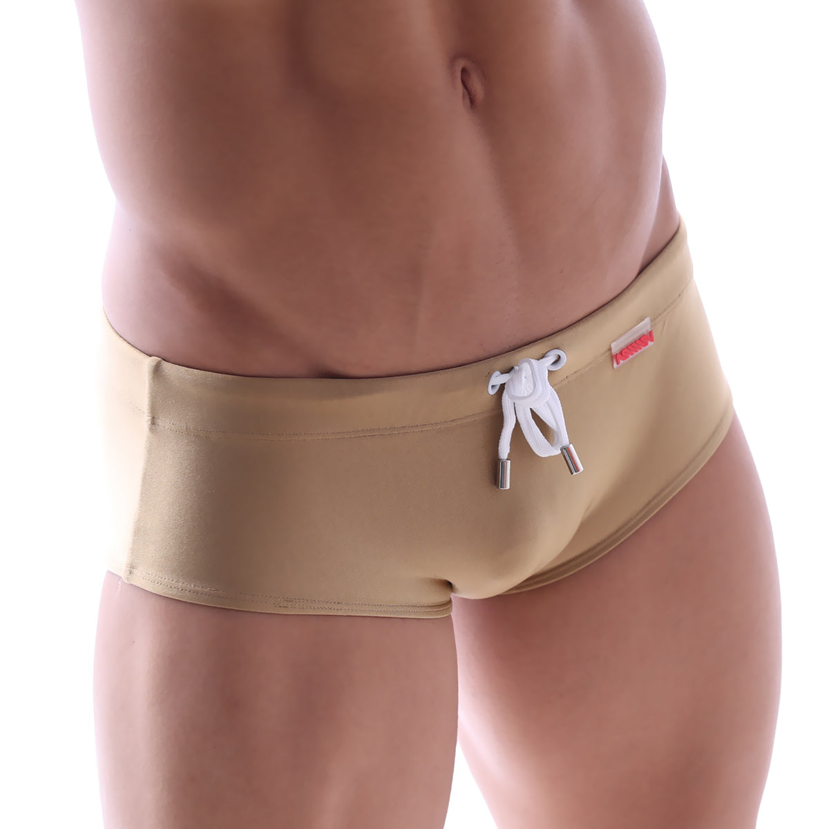 Beige MetroMaleWear swim brief corona 4914-21 with white drawstring and metallic silver aglets for swimming