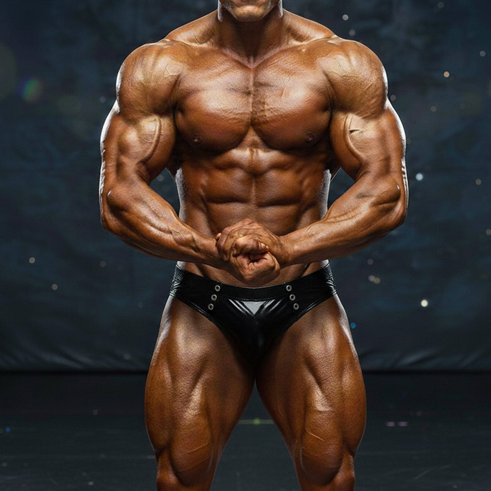 A muscular bodybuilder wearing black shiny MetroMaleWear BSD swim brief 4914-33 with silver grommets front view