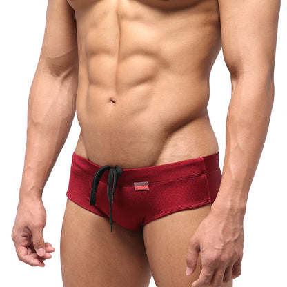 MetroMaleWear classic swim brief wine red with black drawstring and small red brand tag for swimming and beachwear