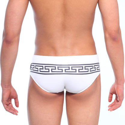 White MetroMaleWear Athen swim brief with bold black Greek key waistband pattern for stylish swimwear use