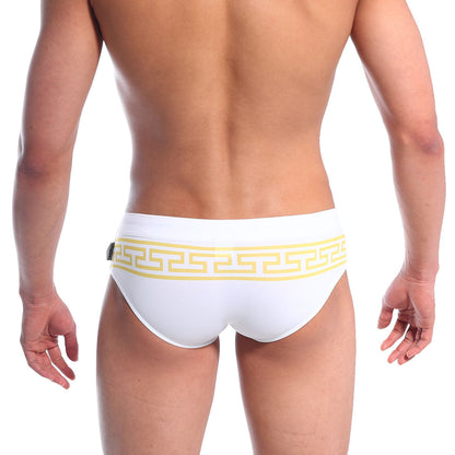 White MetroMaleWear Athen swim brief with bold yellow Greek key pattern waistband in lightweight swim fabric