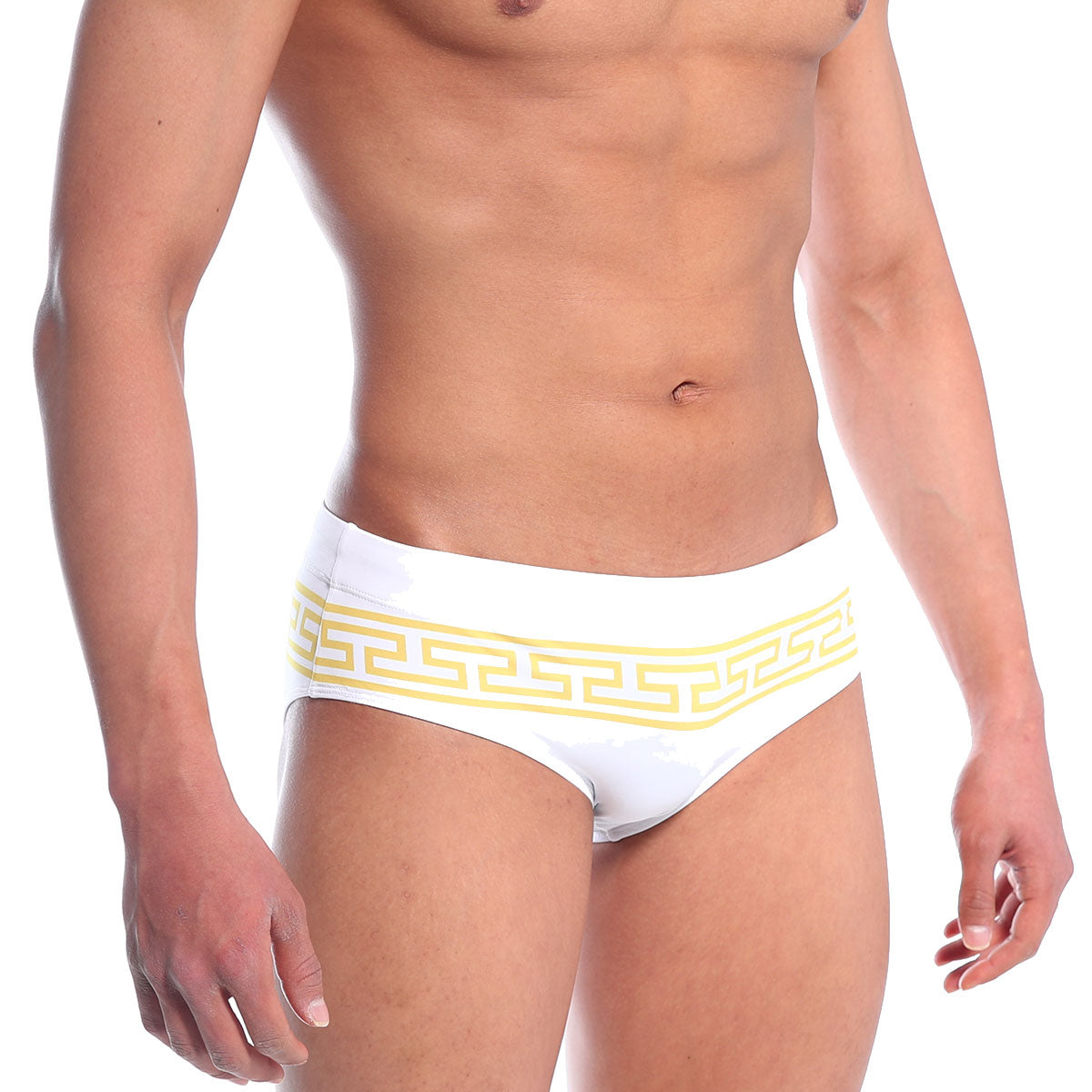 MetroMaleWear Athen swim brief gold 4914-45 white trunks with yellow Greek key pattern waistband for swimming