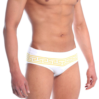 MetroMaleWear Athen swim brief gold 4914-45 white trunks with yellow Greek key pattern waistband for swimming