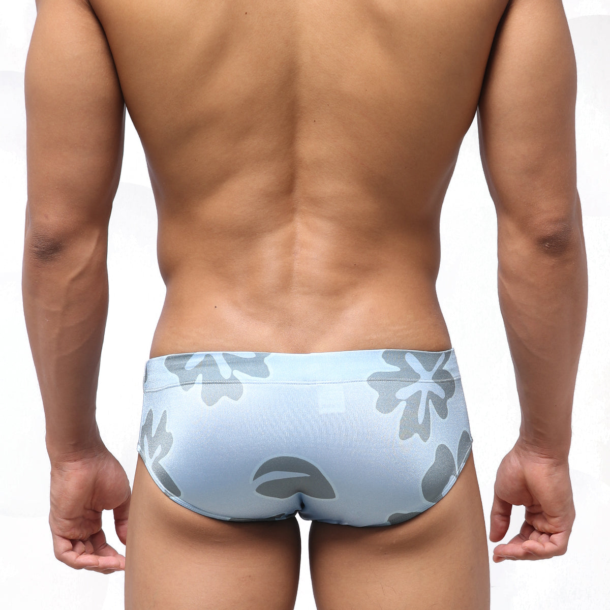 Light blue metro malewear classic swim briefs with gray floral pattern ideal for swimming and beachwear