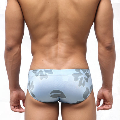 Light blue metro malewear classic swim briefs with gray floral pattern ideal for swimming and beachwear