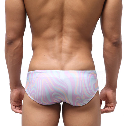 MetroMaleWear classic swim brief swirl 4914-61 in pastel pink blue and white swirl pattern for swimming use