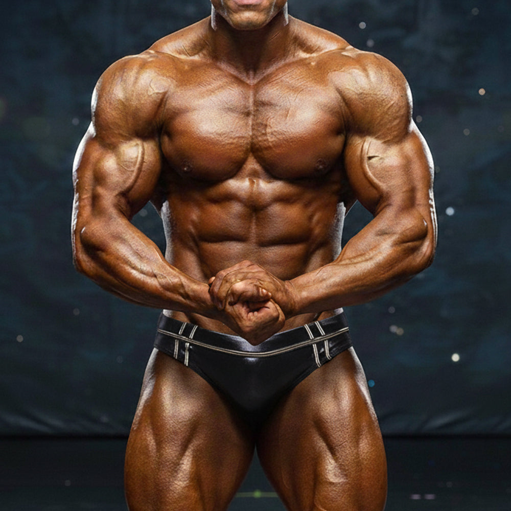 A muscular man wearing black form-fitting MetroMaleWear Duque swim brief with silver trim from the front view