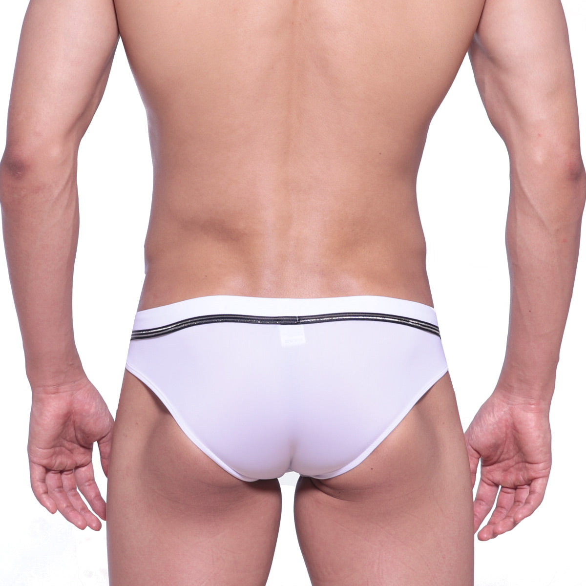 MetroMaleWear Duque swim brief white features white briefs with a black elastic waistband and subtle glittery detailing