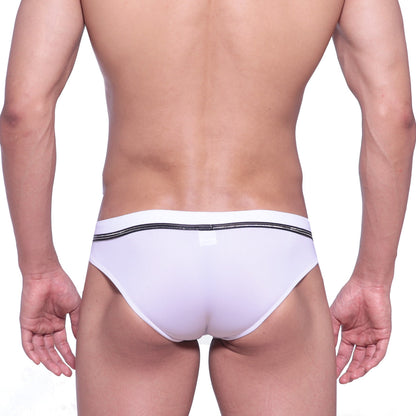 MetroMaleWear Duque swim brief white features white briefs with a black elastic waistband and subtle glittery detailing