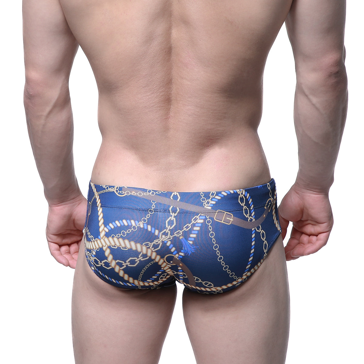 Blue MetroMaleWear Classic Swim Brief Mayor 4914-89 with bold gold chain and beige rope tassel pattern swim trunks