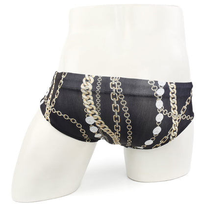 Black MetroMaleWear classic swim brief Rico 4914-95 with bold gold and silver chain and medallion pattern