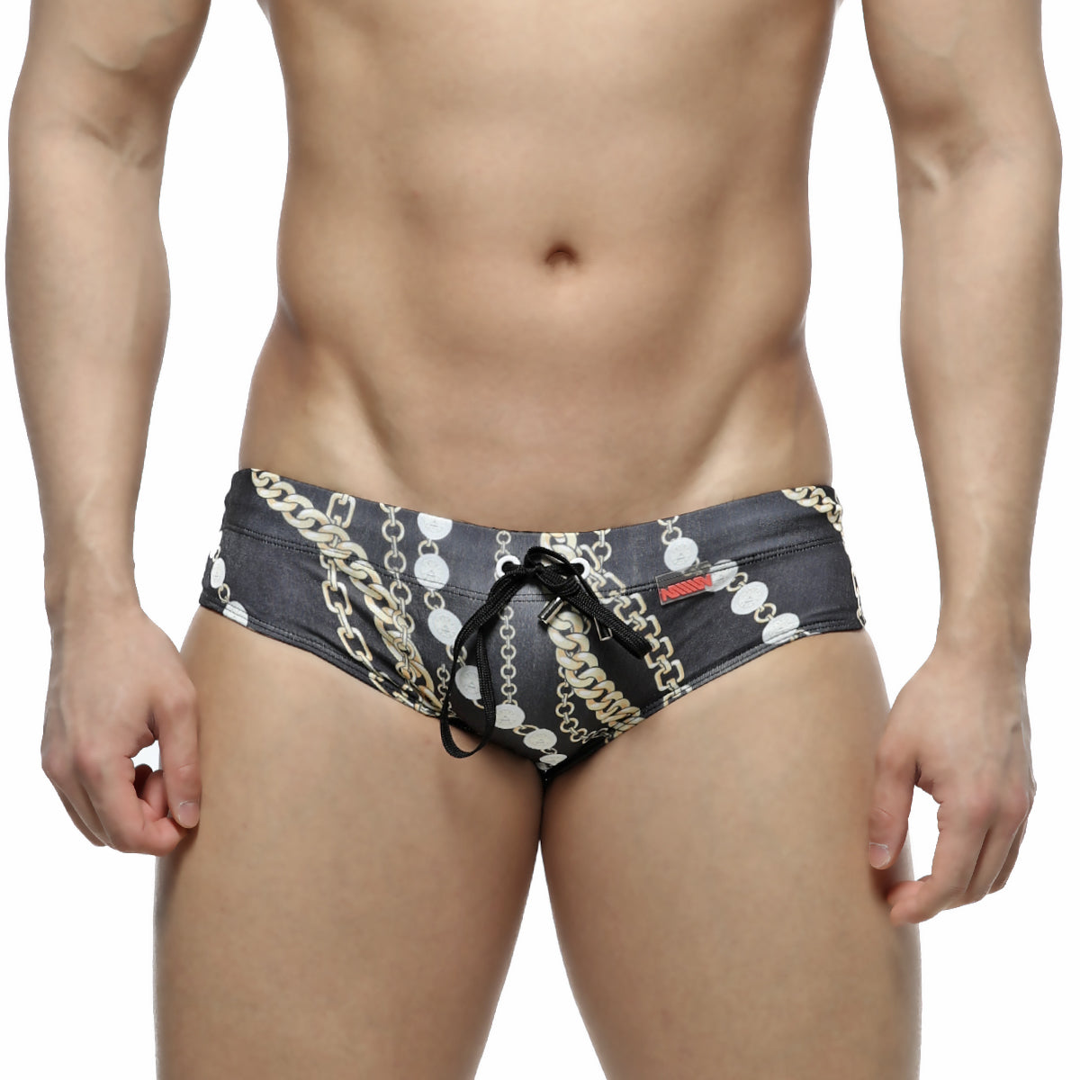 Black swim trunks metro malewear classic swim brief rico 4914-95 with bold gold and white chain-link pattern and matching drawstring