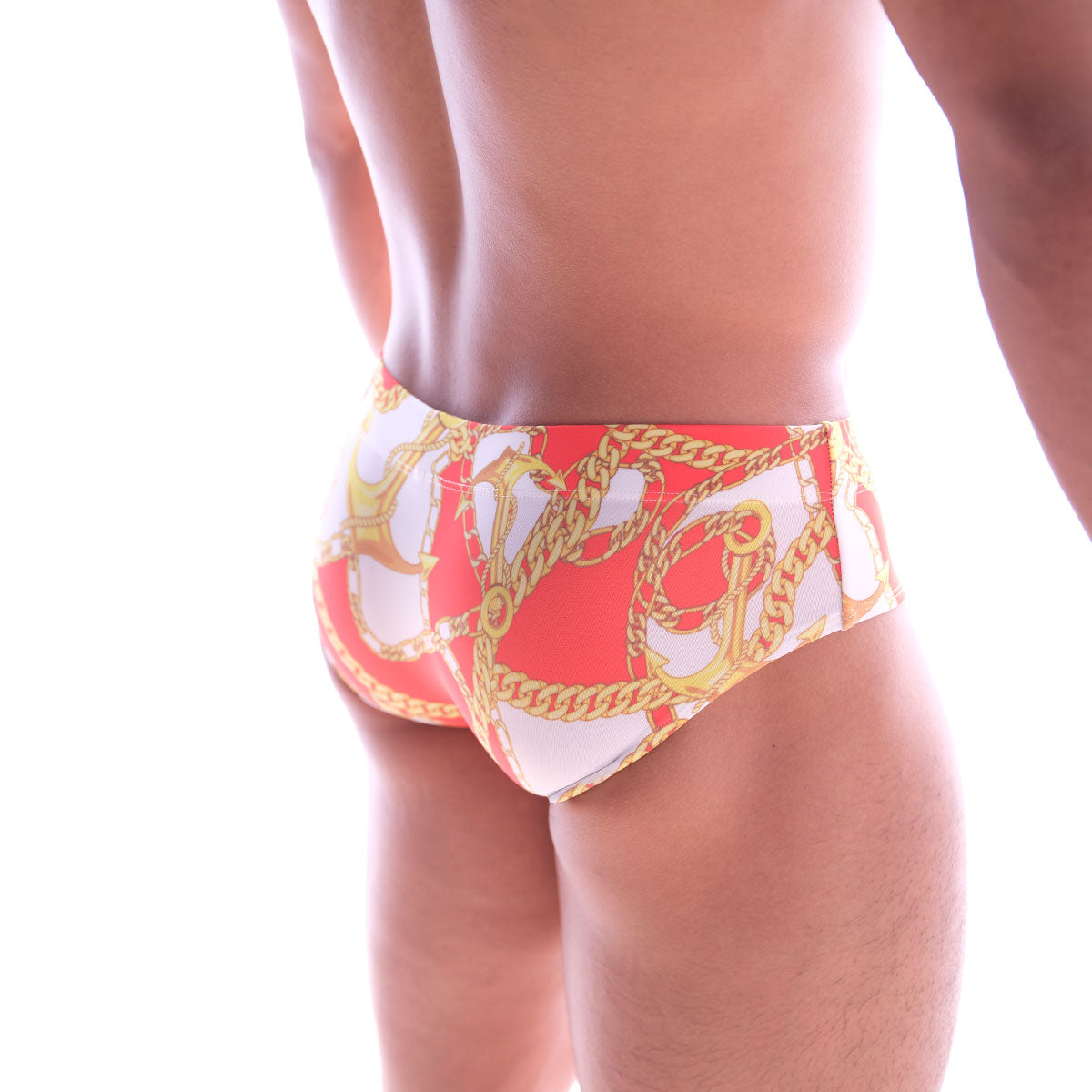 MetroMaleWear classic swim brief in red and white with bold gold chain and anchor pattern for stylish beachwear