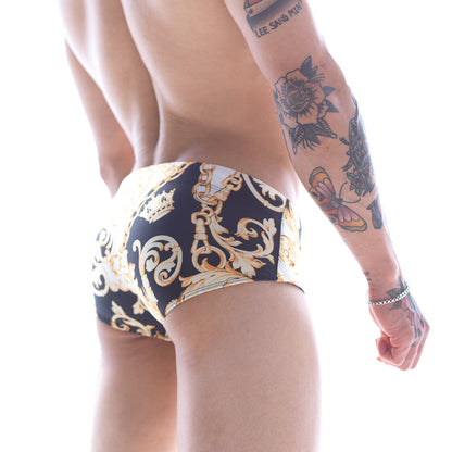 MetroMaleWear classic swim brief Egipto 4914-99 in black and gold baroque ornate patterned fabric