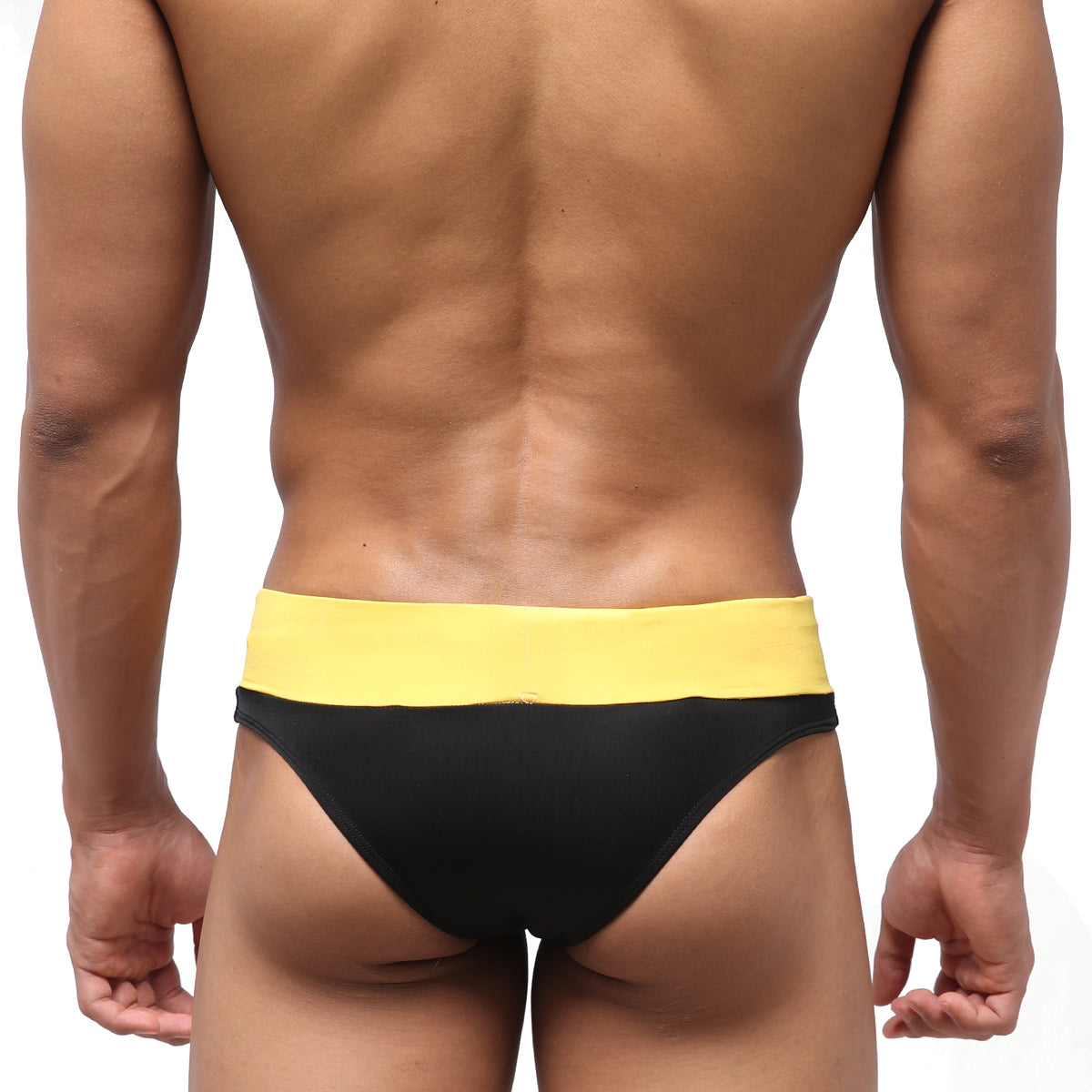 Black and yellow MetroMaleWear halfback swim bikini with wide elastic waistband designed for swimming