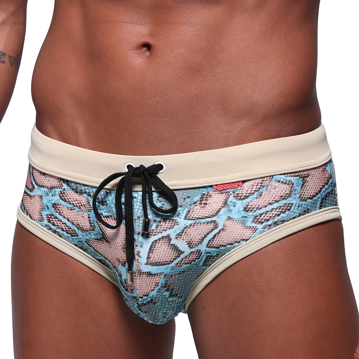 MetroMaleWear Piton swim brief turquoise with blue and pink snake-scale pattern cream waistband and black drawstring