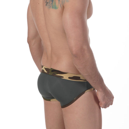 Dark gray briefs with camouflage waistband and trim metro male wear military swim brief 4916-26 front view