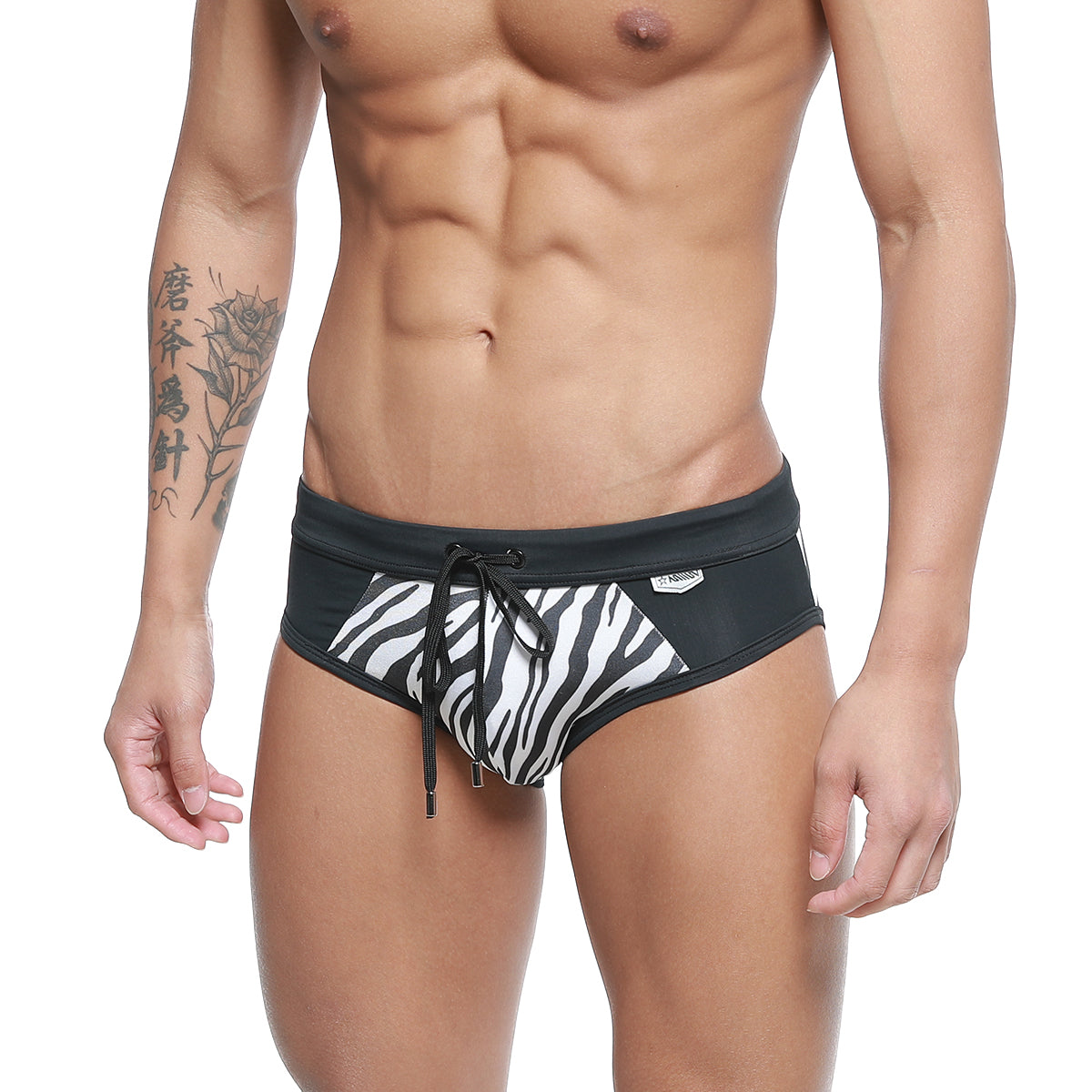 MetroMaleWear Kenya swim brief 4916-30 black and white zebra-print swim trunks with drawstring waistband