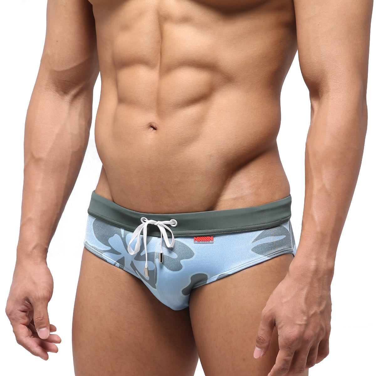 Light blue swim trunks with gray camouflage pattern and white drawstring waistband from MetroMaleWear Nature Swim Brief 4916-52