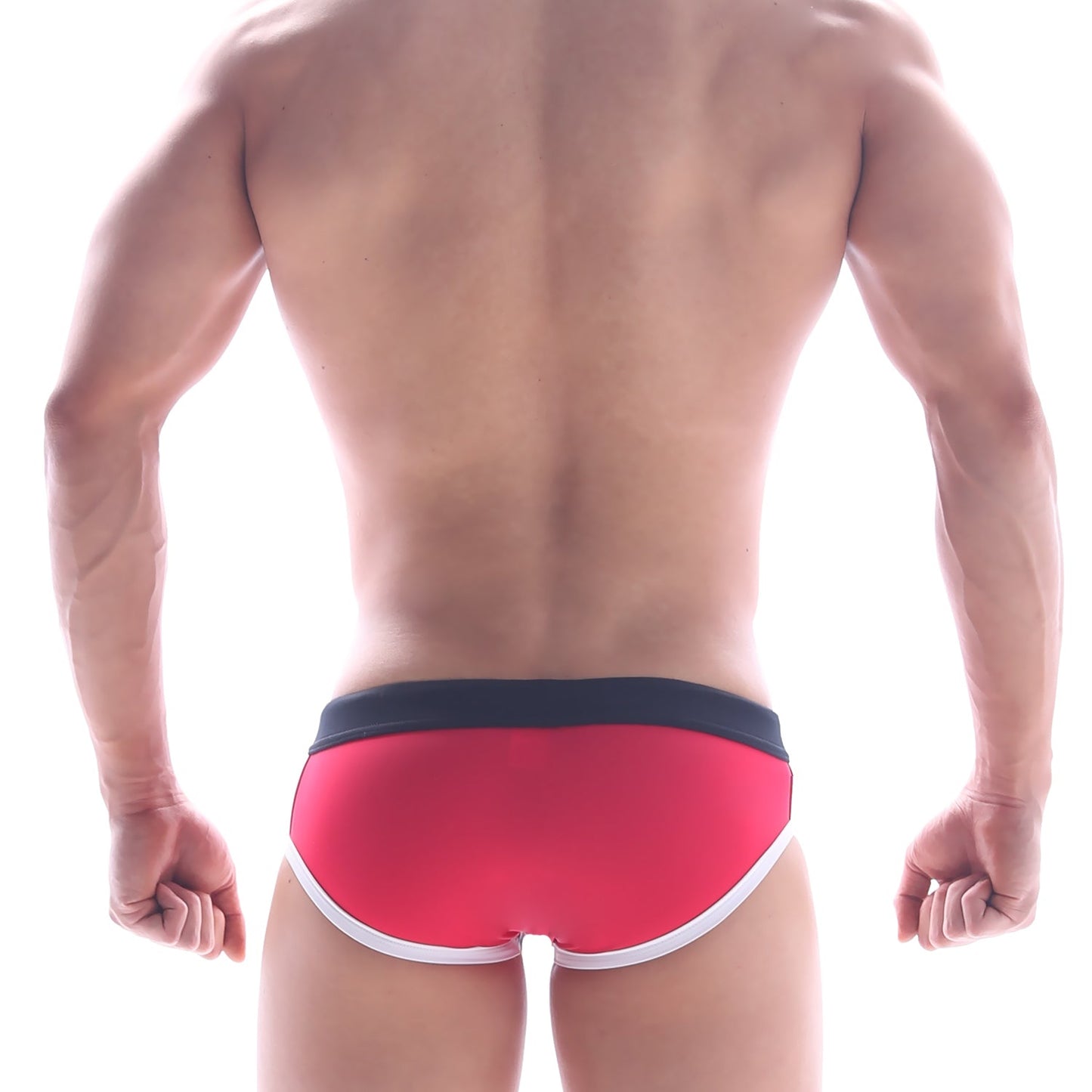 MetroMalewear frame swim brief in red with black waistband and white trim designed for swimming