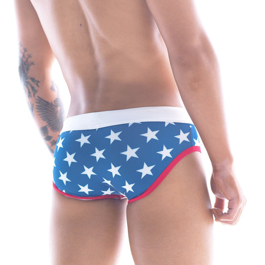 Metro male wear stella swim brief 4916-92 blue swim trunks with white stars and red trim for casual swimming