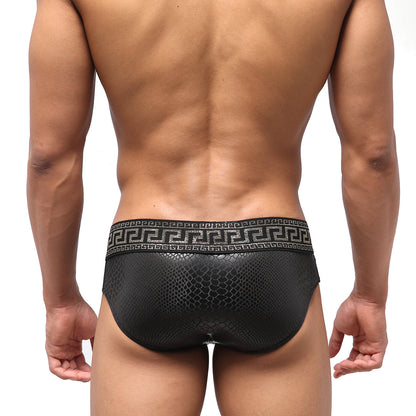 Black textured briefs with a greek key waistband pattern from MetroMaleWear special edition Anaconda swim brief 4916-SP2