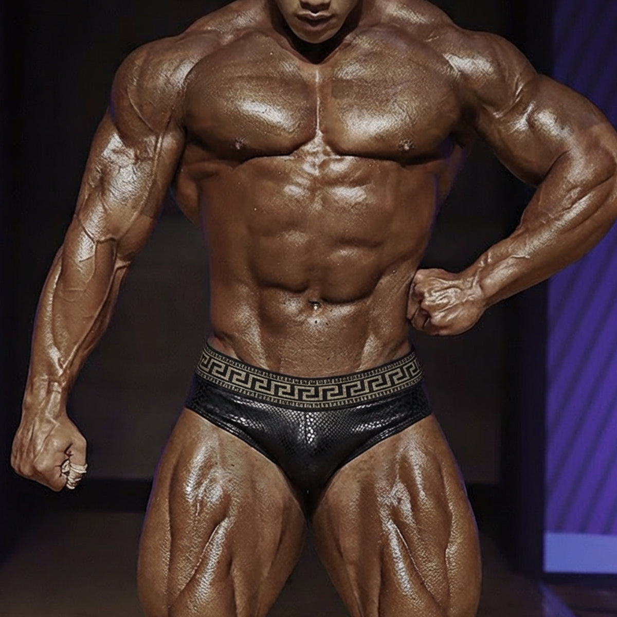 Black leather metroMalewear special edition anaconda swim brief with gold greek key waistband pattern