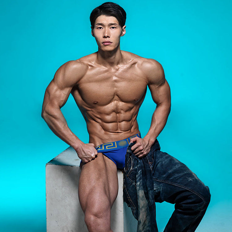 MetroMalewear special edition roman blue swim brief with gold geometric pattern designed for athletic use